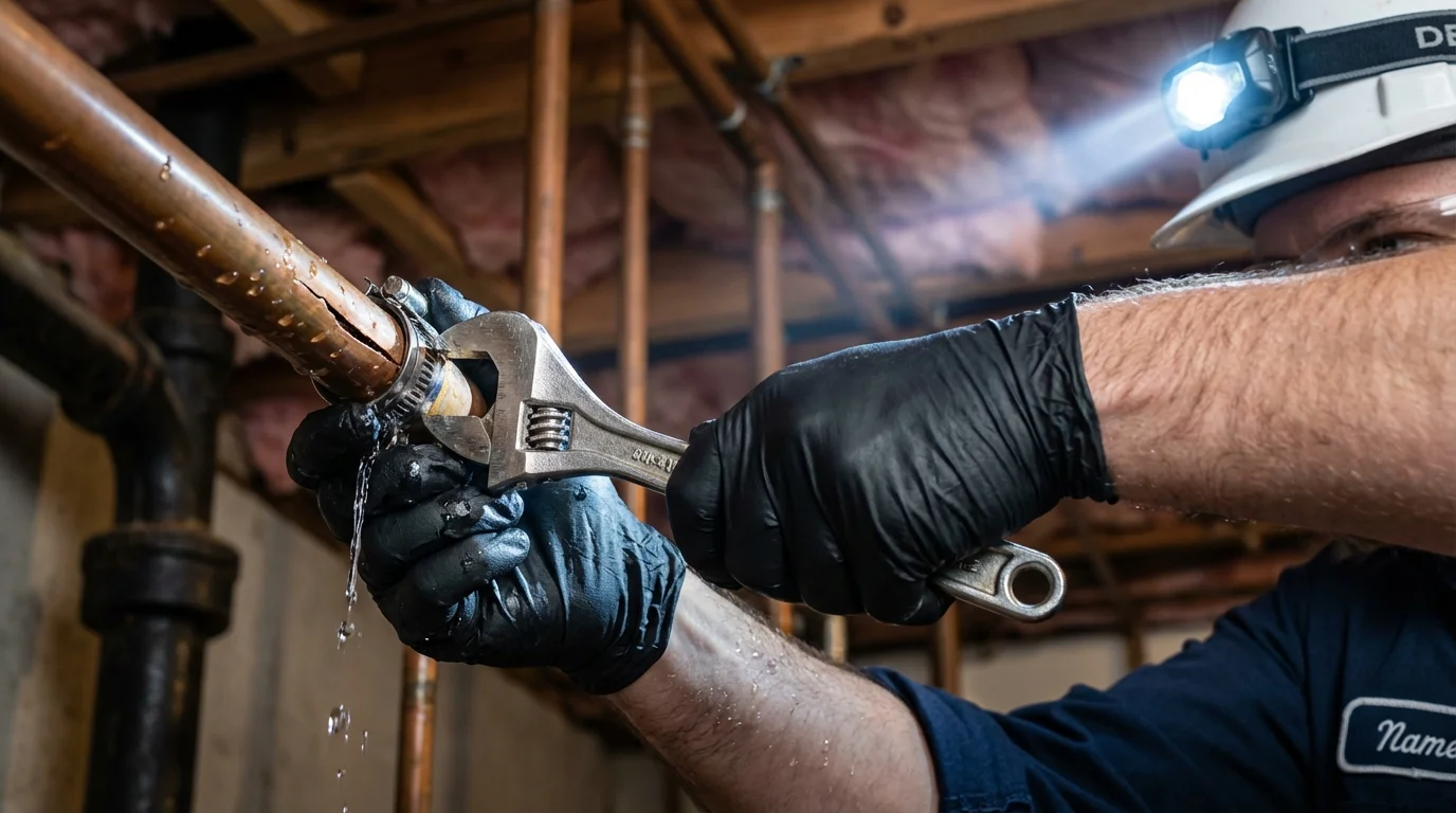 Emergency pipe clamp repair being performed by a Johns Plumbing LLC plumber in Martinsburg
