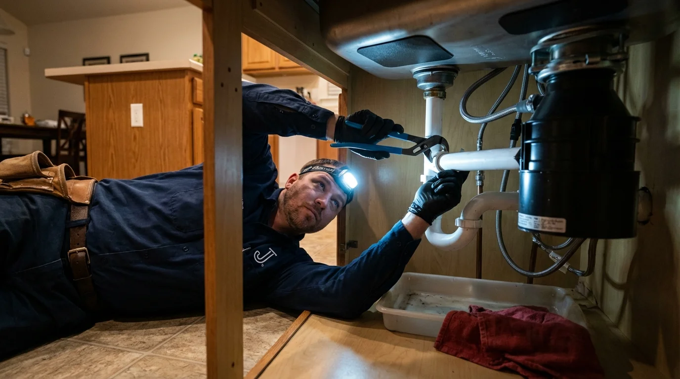 P-trap and supply line connections under a kitchen sink showing a common leak point in Martinsburg, WV